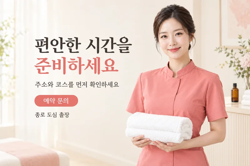 주소와 코스를 먼저 확인하라는 안내를 담은 여성 모델 예약 문의 홍보 이미지.