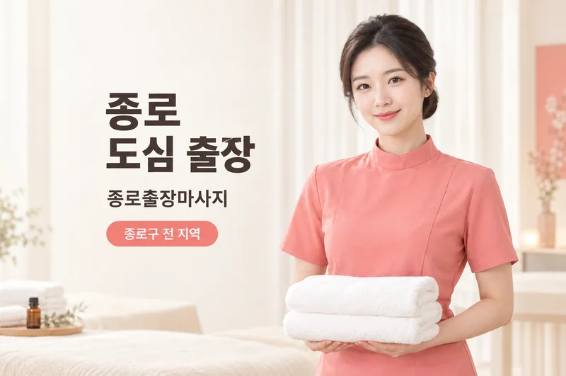 코랄색 의상의 여성 모델을 담은 종로 도심 출장 홍보 이미지. 종로구 전 지역 안내.